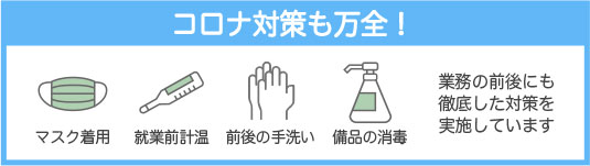 コロナ対策は万全のバナー（マスク、計温、手洗い、消毒の図）