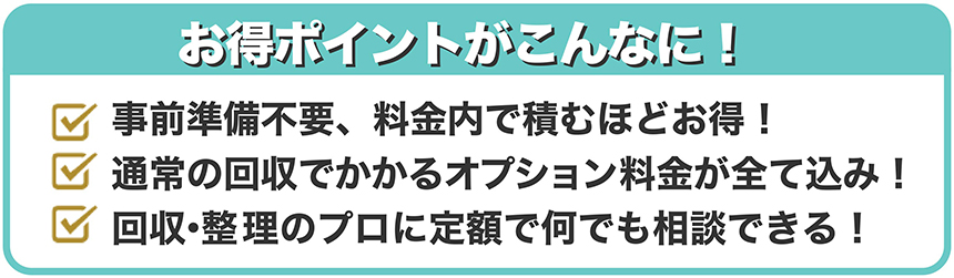 お得ポイントがこんなに！ 1) 定額で詰むほどお得] 2)通常のオプション料金が込み込み！　3)プロになんでも相談できる