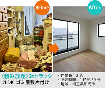 【before-after】2tトラック-ゴミ屋敷片付け2DK。作業員2名、1時間50分、埼玉県和光市。